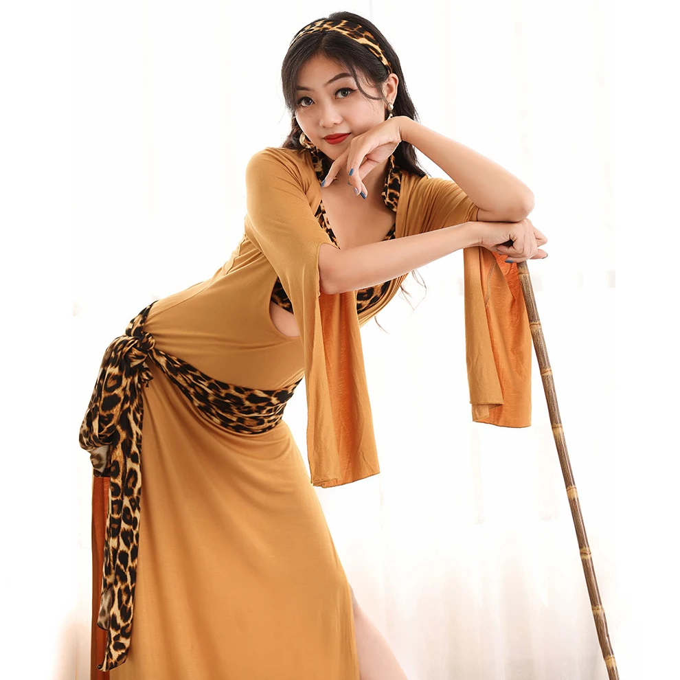 

5PCS Set Performance Women Belly Dance Clothes Baladi Dress Saidi One-piece Leopard Dresses Girls Folk Costume Long Robe