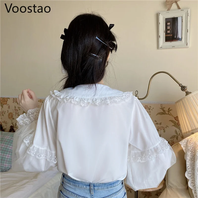 Japanese Sweet Lolita Style Blouses Girls Cute Lace Ruffles White JK Shirts Women Preppy Chic Kawaii Long Sleeve Blusas Mujer