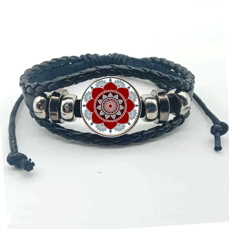 New Mandala Life Flower Multilayer Woven Leather Bracelet with Buttons Classic Buddhist Divine Geometric Leather Bracelet