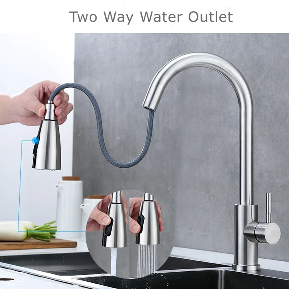 Chrome Pullout Brass Faucet For Kitchen Sink Black Hot&Cold Water Mixer Tap 2 Functions 304 Stainless Steel Faucet 360 Rotation