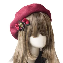 Wine red mushroom Lolita bowknot shields red berets gothic Lolita hand made buds cap manually female hat