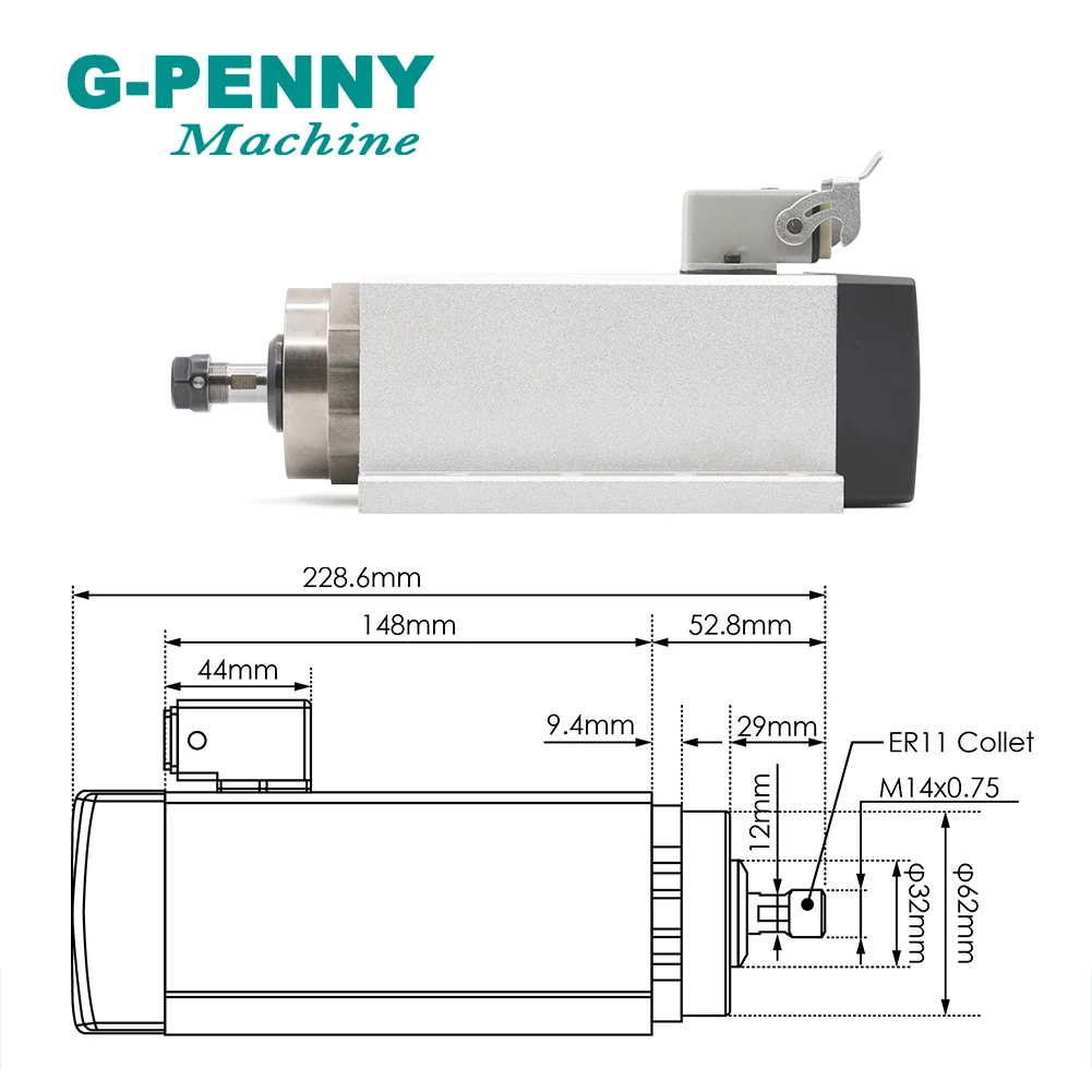 1.5kw ER11 Air Cooled Spindle motor 220v with flange square spindle 400Hz air cooling 4pcs bearings  & 1.5KW QL Inverter