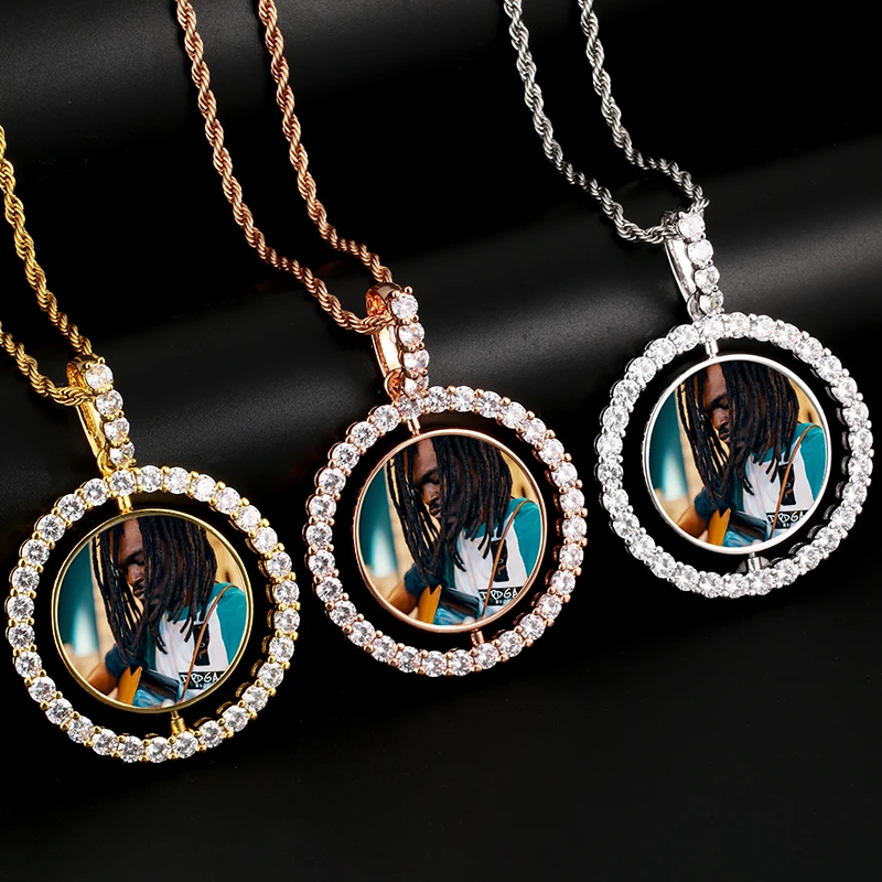 Rotating Double-Sided Photo Memory Medallions Custom Photo Pendant Necklace Men Hip Hop Jewelry Iced Out Zircon Pendant Custom
