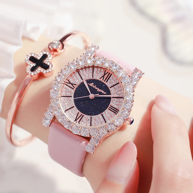 Fashion Diamond Bling Crystals Women Wristwatch Small Thin Luxury Bracelet Leather Elegant Female Dress Clock Relogio Feminino