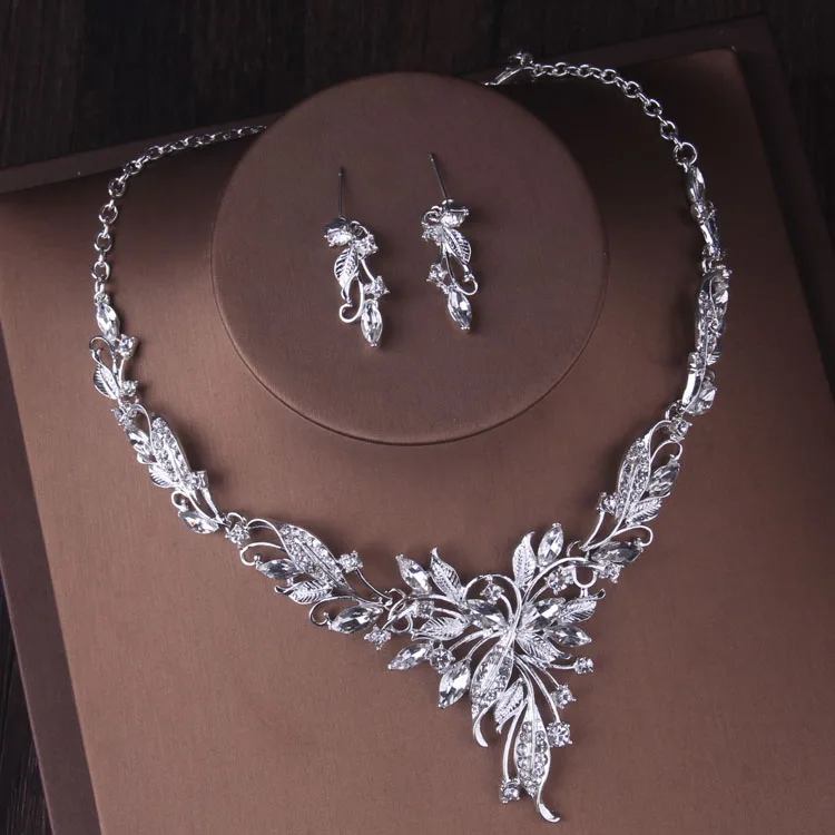 Baroque Silver Color Crystal Bridal Jewelry Sets Fashion Tiaras Crown Earrings Necklace Set for Women Wedding Dubai Jewelry Set