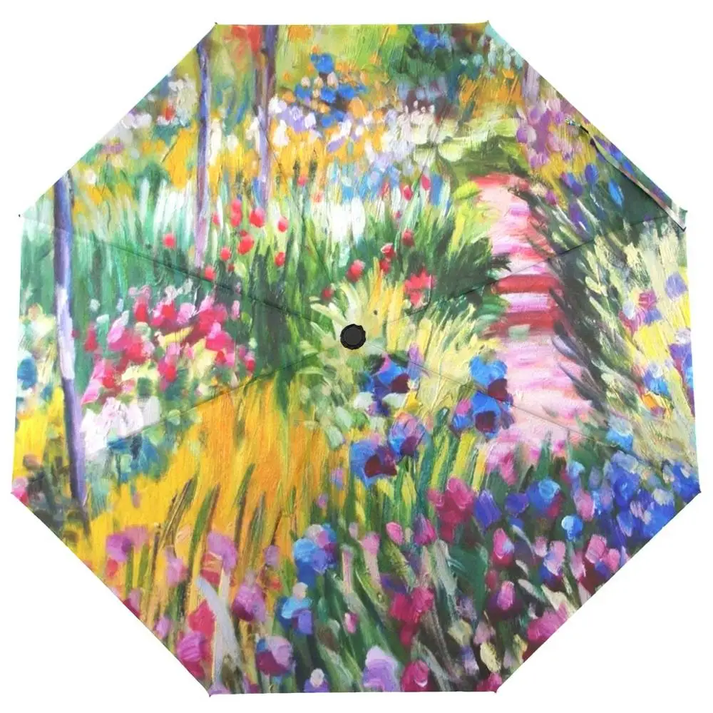Famous Claude Monet Oil Painting Umbrella Three Folding Umbrella Rain Women Fully Automatic Umbrella Sun Protection Parasol