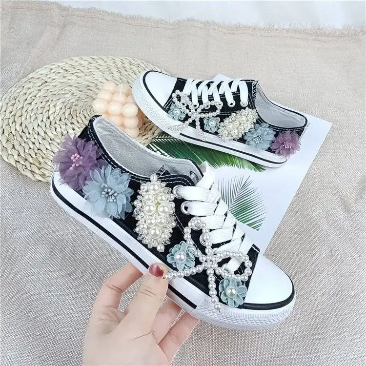 Girls Canvas Shoes Women\'s Spring/Autumn Casual Shoes Pearl Flower Fashion Flat Ribbon Lace-up Comfortable Vulcanized Shoes