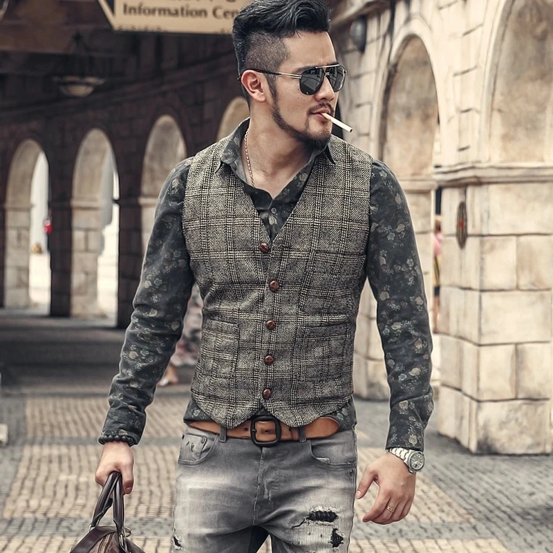 

Latest Men's Suit Vest Green Plaid New Retro Casual Formal Slim Suit Waistcoat Jacket European Style For Business Clothing Vests