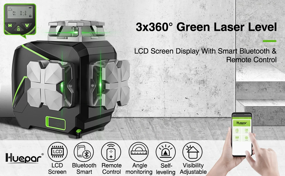 Huepar S03CG Set 3D Cross Line Laser Level Bluetooth & Remote 12 Lines Osram Green Beam Laser With Receiver Tripod Rangefinder