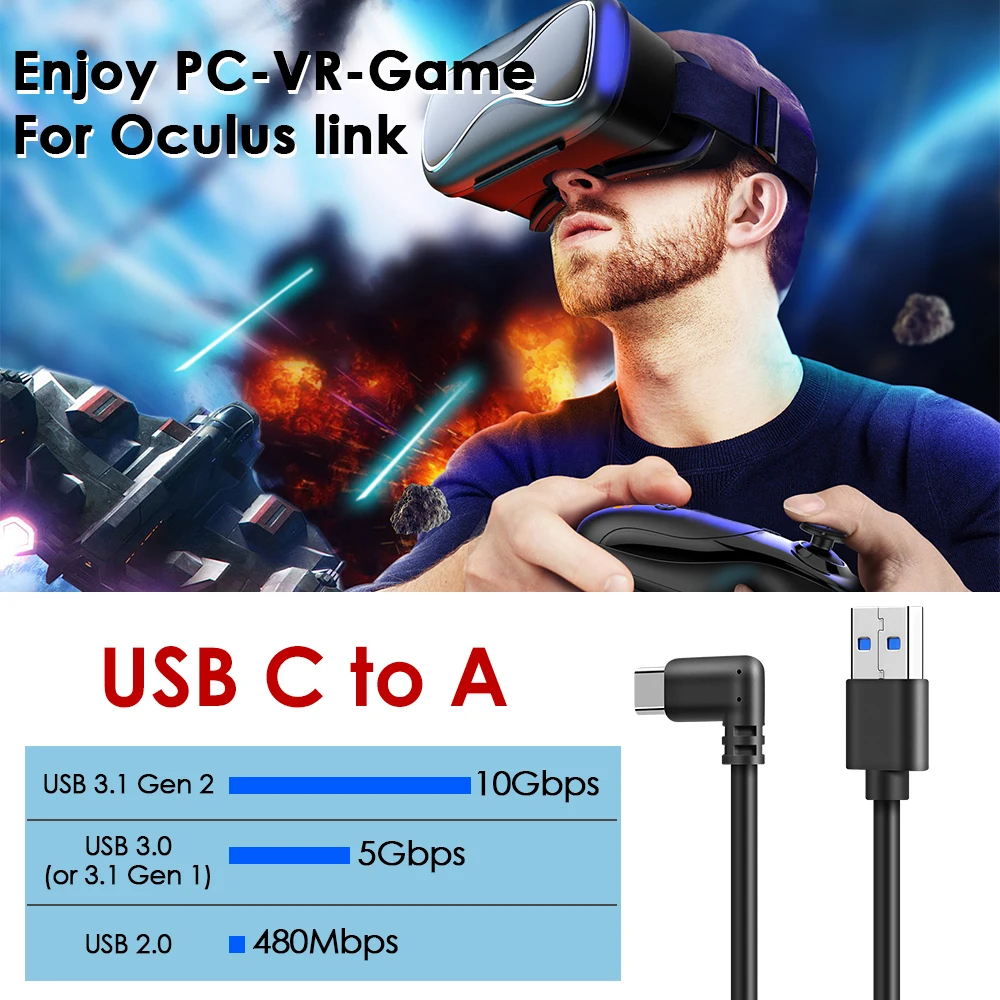 Data Line Charging Cable for Oculus Quest 2 Link Headset, USB 3.0, Type C Transfer, USB-A Type-C, VR Accessories,, 5m