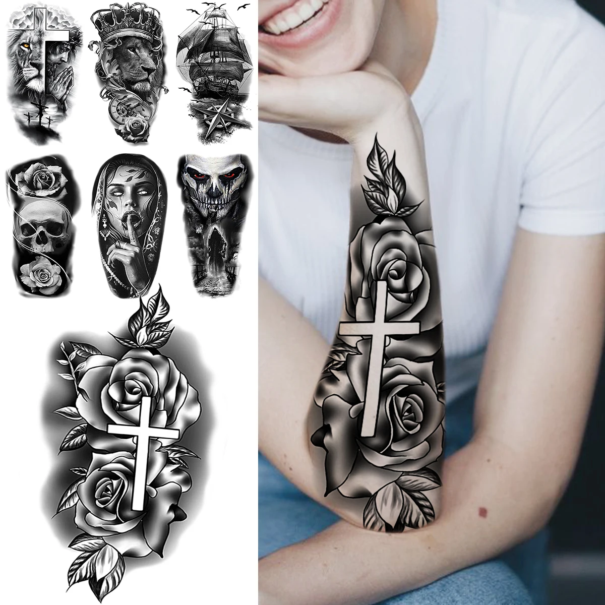 3D Black Rose Flower Cross Lion Skull Pirate Ship Vampire Temporary Tattoos For Women Adult Fake Tattoo Body Art Painting Tatoos