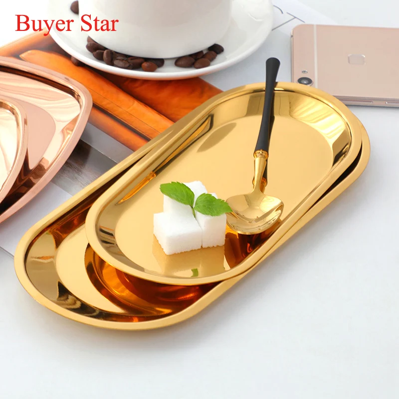 

2PCS Gold Snacks Dishes Stainless steel Trays Dessert Plates Food candy serving trays Metal Tableware dinnerware customized Logo