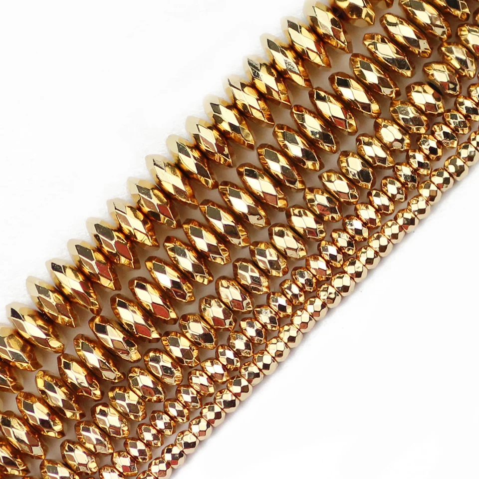 14 Gold Color Faceted Hematite beads Natural Stone 3/4/6/8/10mm Flat Round Spacer Loose beads for Jewelry Making bracelets DIY