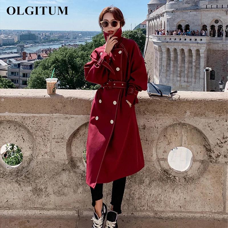 Wine Red Trench Coat For Women 2019 Spring Autumn Loose Long Coat Women With Belt Fashion Long Overcoat Women