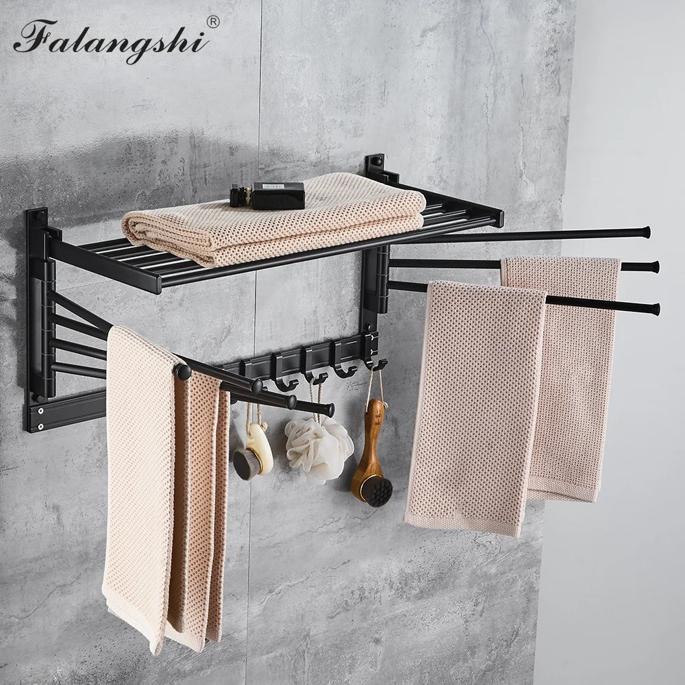 60cm Black Towel Rack Foldable Towel Bar Swivel  Rotation Clothes Hanger Wall Mounted Aluminum Bathroom Storage Shelf WB8751