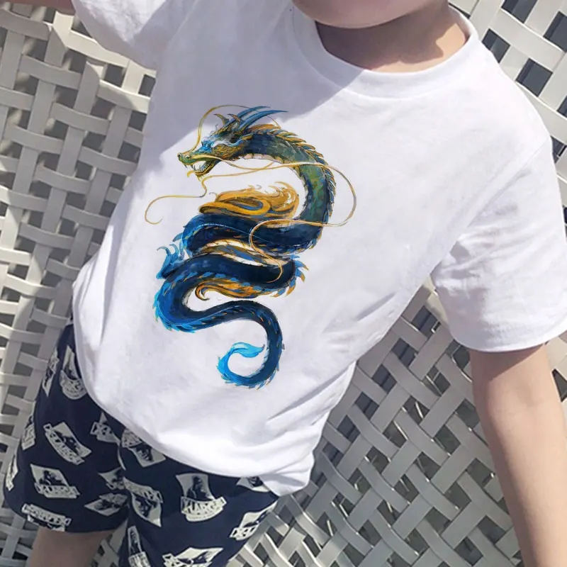 

New Chinese Style Retro Fashion Boys Tshirts Printing Dragon T Shirt Enfant Harajuku Girl Tshirt Casual Round Neck Kids Clothes