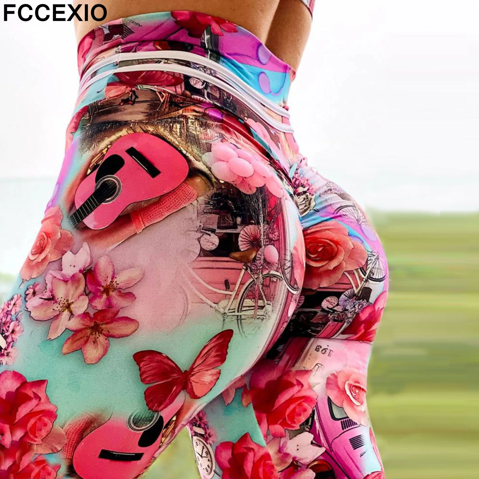 FCCEXIO 3D Print Women Leggings Pink Guitar Clock Tight Fitness Legins High Waist Long Pants Fashion Sexy Sporting Leggins