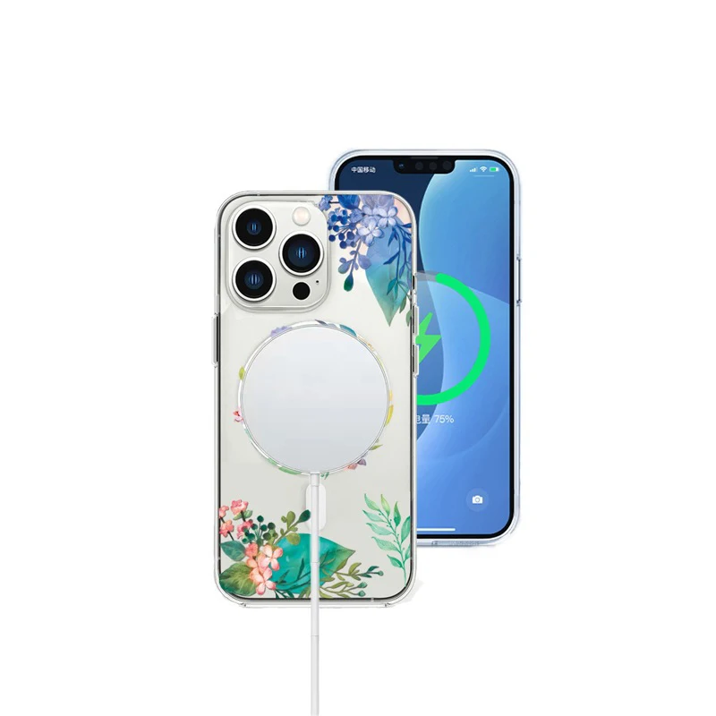 Flower Pattern Clear Magnetic Case for Magsafe Charger Iphone 11 12 13 14 15 Pro Max Plus Mini XsMax Silicon Cover for Iphones