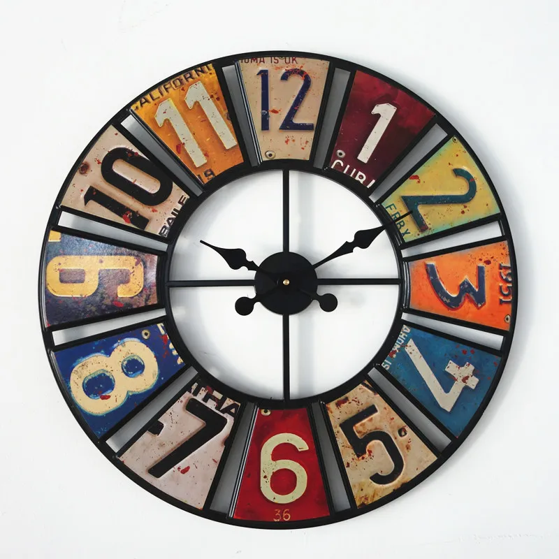 Digital round retro wall clock creative license plate wall clock sticker iron decoration clock