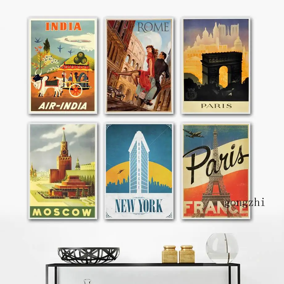 

Retro Travel City Landscape Canvas Painting Paris Rome Moscow New York Architecture Wall Art Poster Nordic Home Decor Bedroom