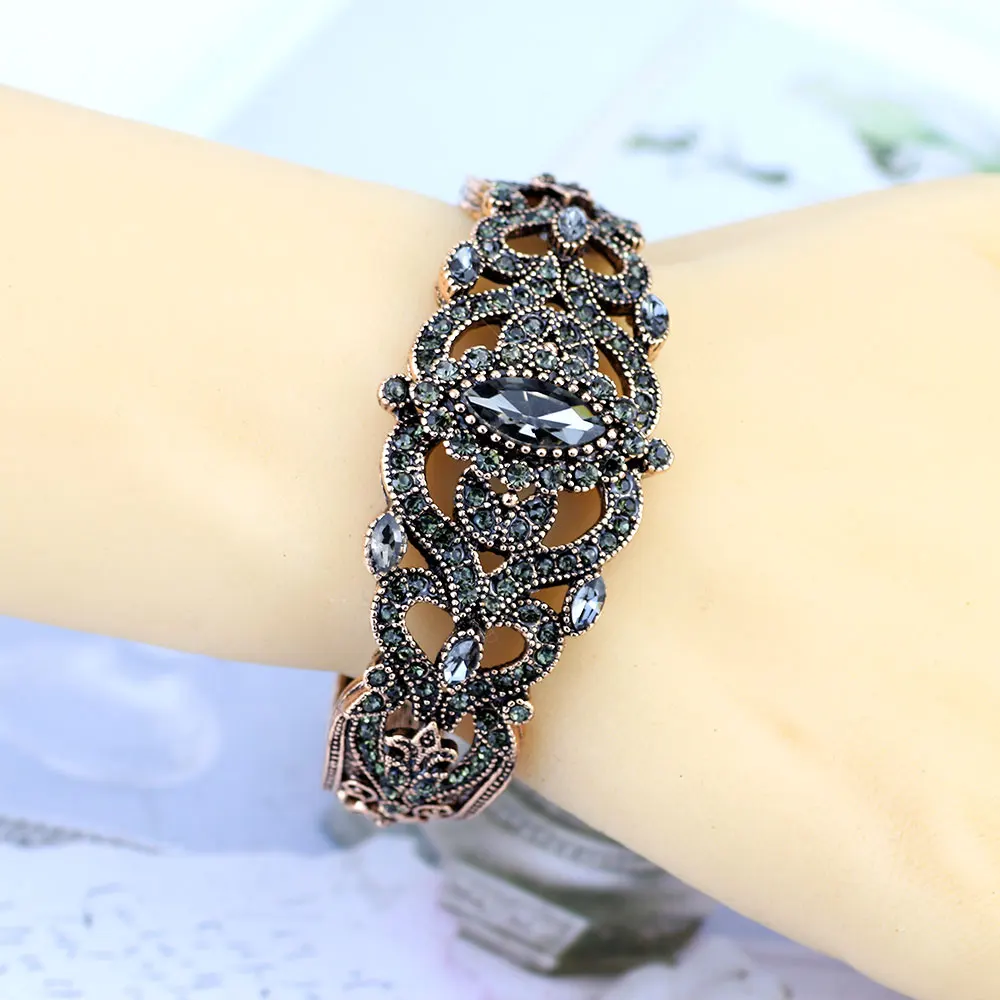 Sunspicems Vintage Turkish Grey Crystal Women Cuff Bracelet Bangle Ethnic Wedding Jewelry Antique Gold Color India Bridal Gift