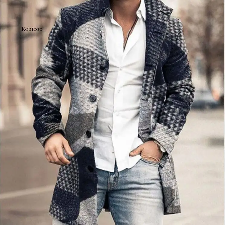 

2021 Men Woolen Coats Turn down Collar Solid Long Sleeve Jackets Men Overcoat Streetwear Fashion Long Trench Outerwear