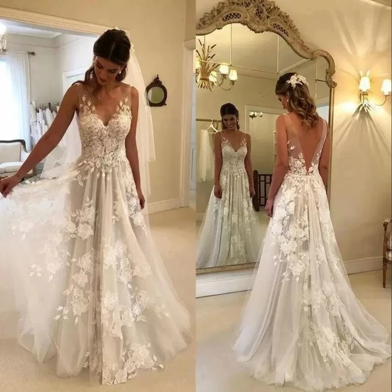 

ANGELSBRIDEP V-Neck Beach Wedding Dress 2022 Vestido De Noiva Fashion Appliques Floor-Length Formal Dubai African Bride Dresses