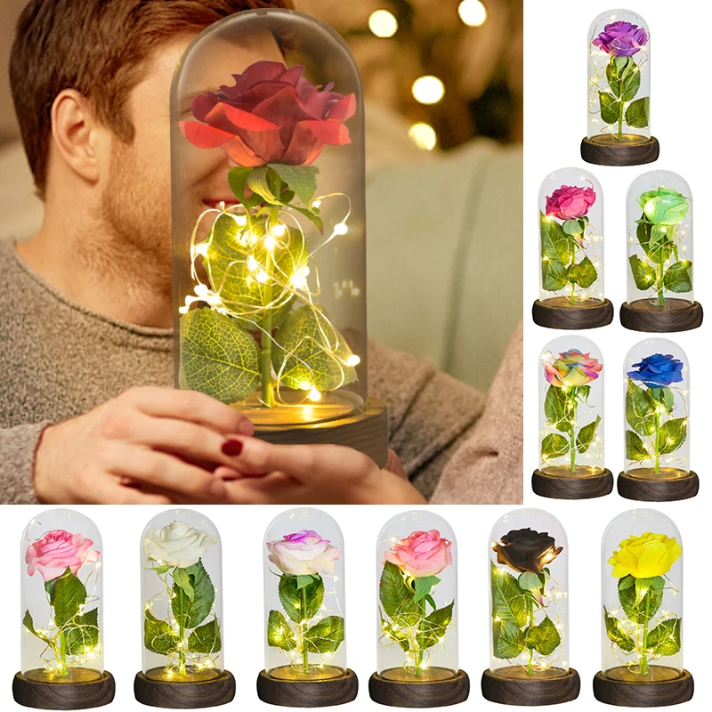 LED Light Beauty The Beast Artificial Eternal Rose In Glass Cover Christmas Home Decor for Mother Valentines Day Gifts for Women