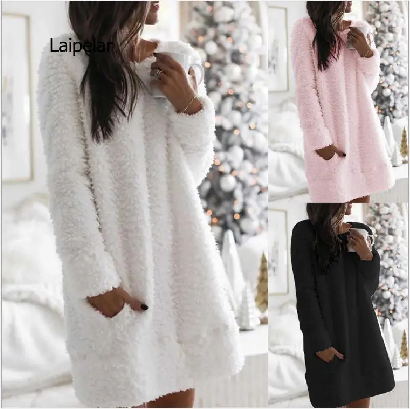 

Round Neck Simple Fashion New Casual Straight Plush Women Dress 2020 Autumn and Winter Comfortable Plush Warm Dresses Vestidos