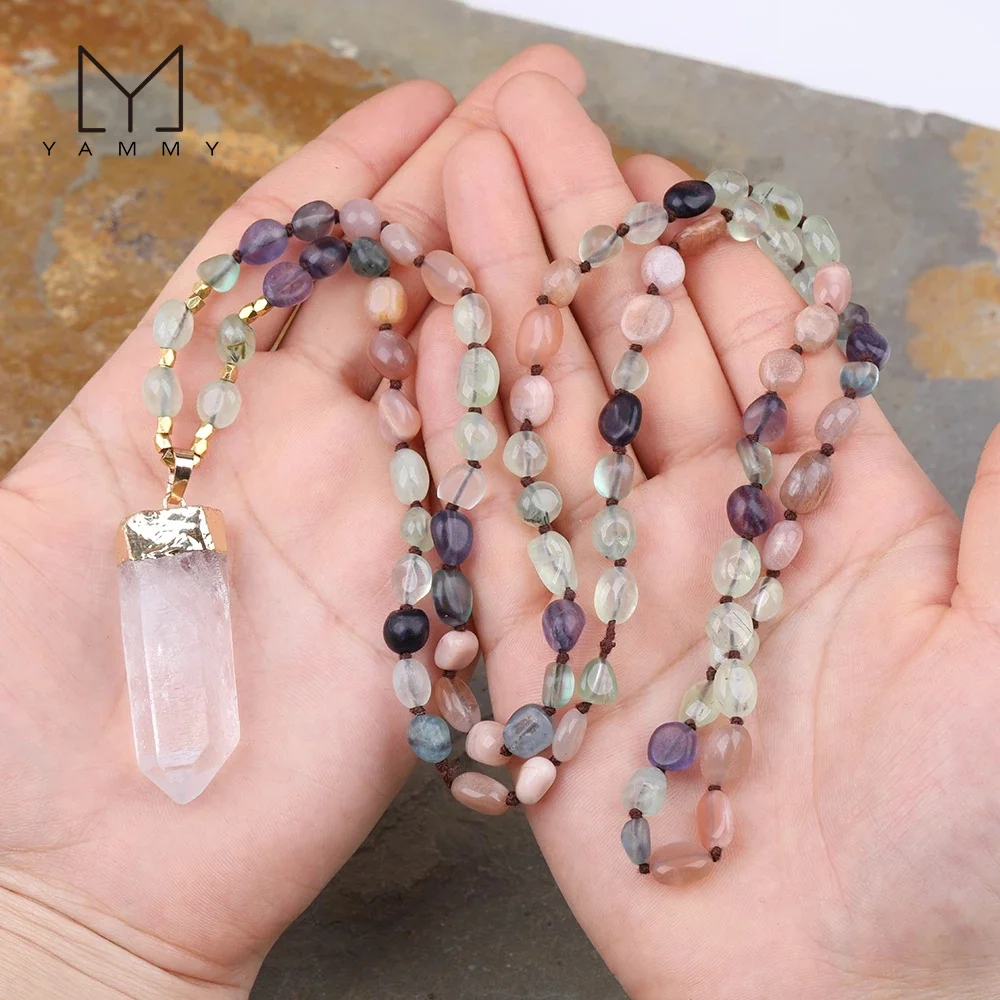 

Natural White Quartz Stick Point Pendant Prehnites Fluorite Sun Stone Nugget Chip Beads Cord Knotted Handmade Necklace N0279JBCB