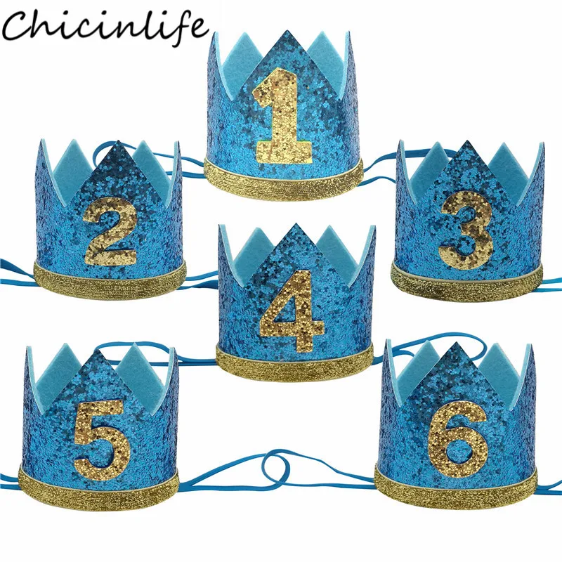 1Pcs Blue Number 1 2 3 4 5 6 Year Birthday Crown Headband Kids Boy 1st Birthday Party Hat Props Baby Shower Anniversary Supplies