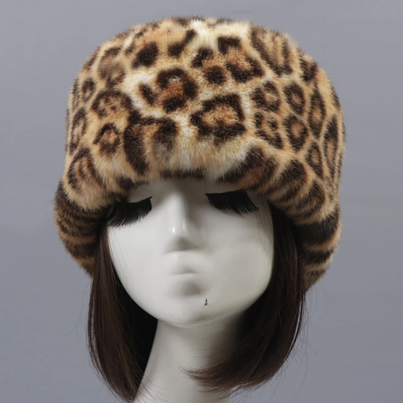 HT3451-Sombrero de invierno para mujer, gorro de piel sintética de leopardo, gorros gruesos y cálidos de invierno, sombrero de bombardero plano,