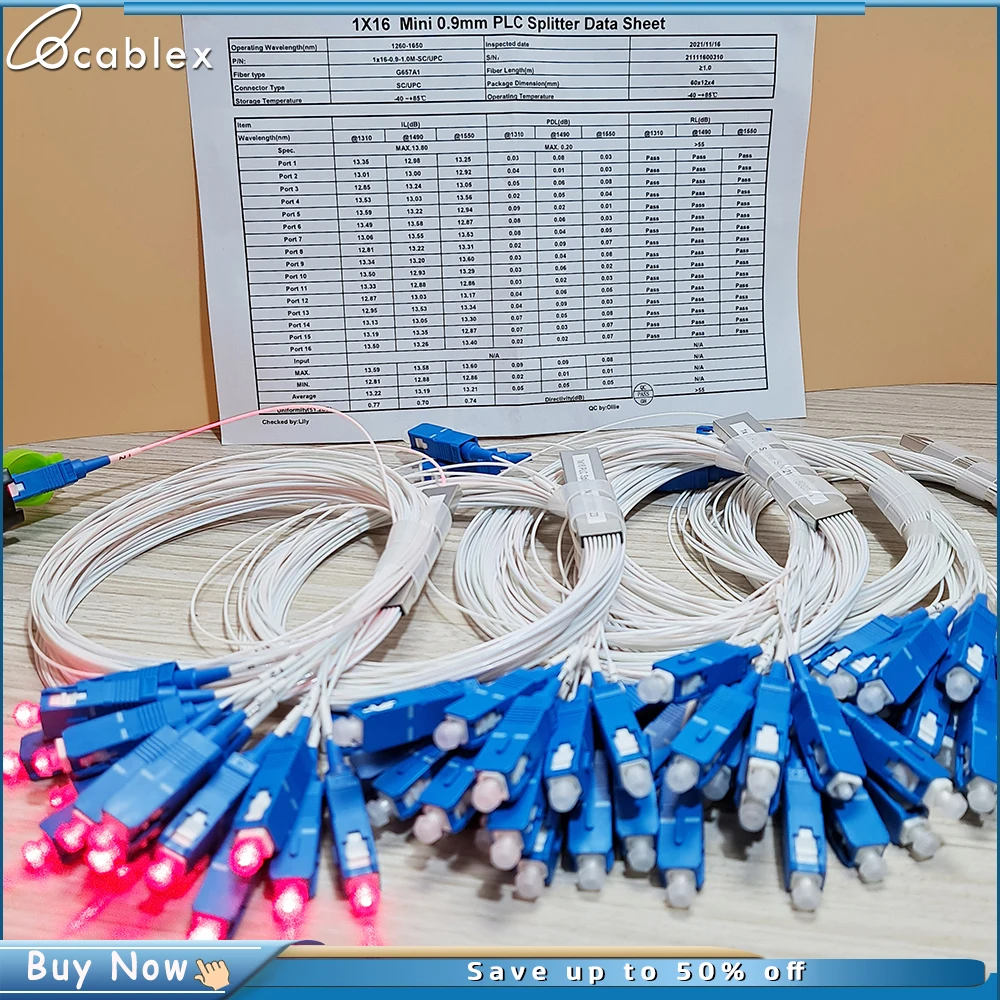 10pcs/lot 0.9mm Steel Tube Fiber Optic PLC Splitter 1x16 SC/UPC Mini Blockless G657A1 0.9mm 1M 1*16 1*2 1*4 1*8 SC UPC Connector