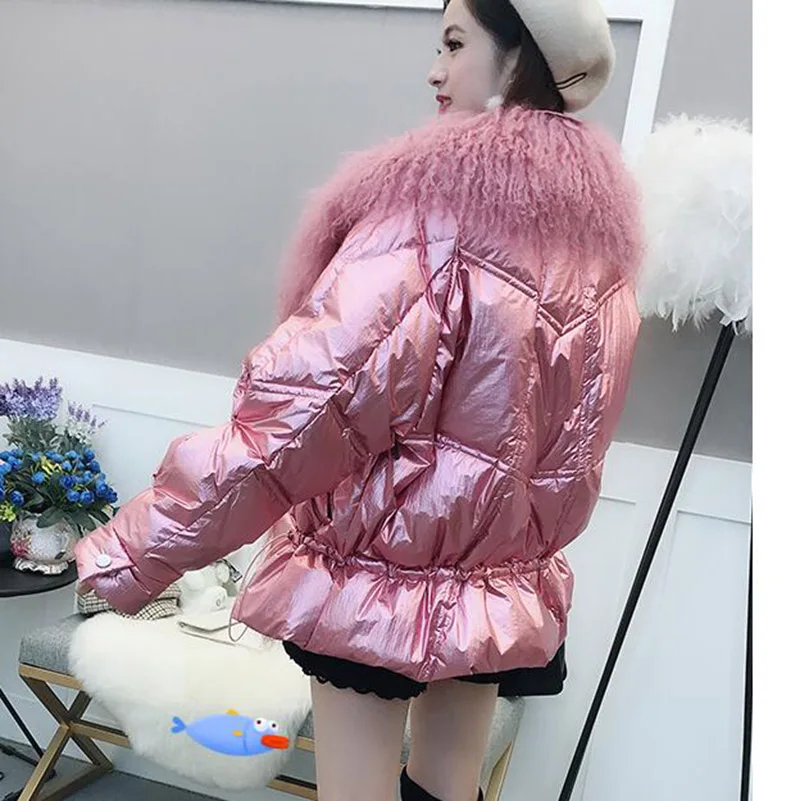 Women Winter Down Jacket Coat Long Warm Silver Parkas Mongolia Sheep Fur Duck Down Coat Parka