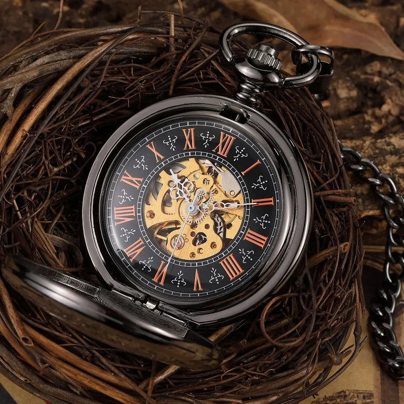 Vintage Bronze Skeleton Mechanical Pocket Watch Men Roman Dial Steampuk Hand Wind Pendant Clock Chain Watch Reloj De Bolsillo