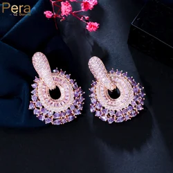 Pera Super Pink Purple CZ Stone 585 Gold Color Dangle Big Flower Circle Wedding Jewelry Engagement Party Earring for Brides E834