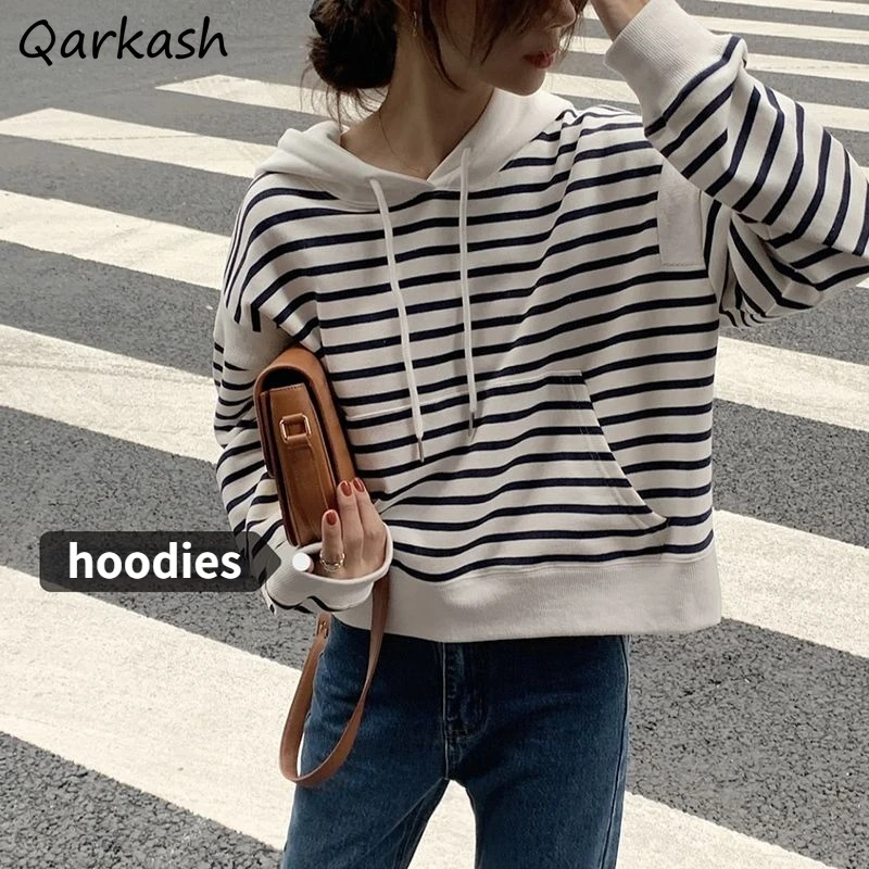 

With Hat Hoodies Women Striped Students Simple Korean Style Kangaroo Pocket Loose Autumn Leisure Classic Ladies Fashion Daily