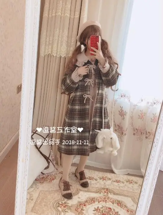 Inverno vintage reticolo dolce lolita cappotto collare del peter pan di bowknot del manicotto di soffio vittoriano cappotto della ragazza kawaii