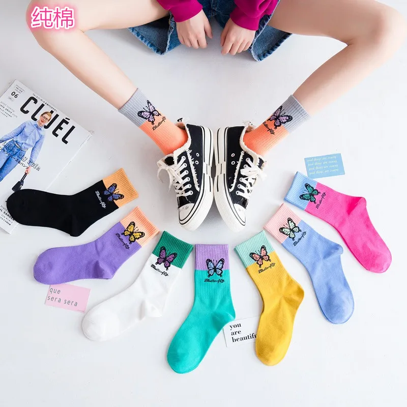 

Butterfly Pattern Socks Purple Female Ins Korean Style Women Cotton Socks Streetwear Harajuku Hip Hop Crew Socks Streetwear Meia