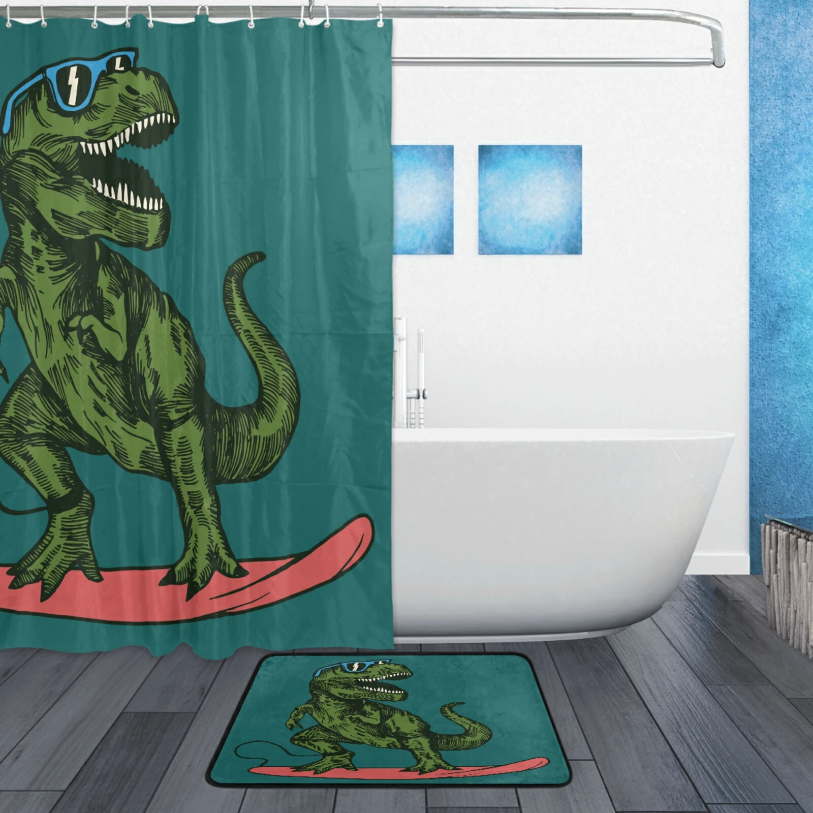 Cartoon Dinosaur Pattern Polyester Fabric Waterproof Shower Curtain Non-Slip Bath Mat Carpet 2 Pieces Set Bathroom Decoration