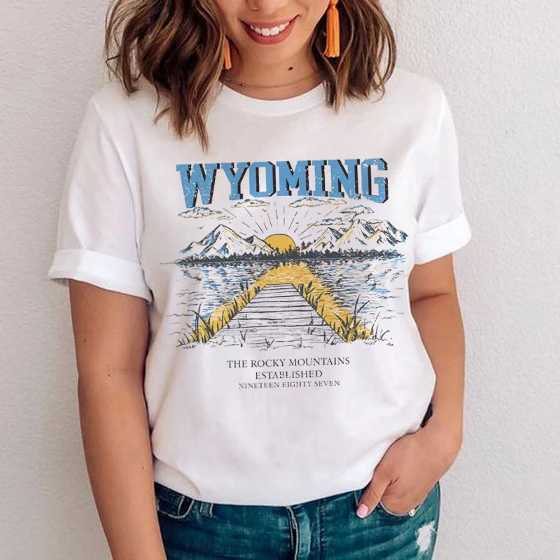 Wyoming Retro Graphic Tee Women Summer Cotton Oversized Vintage T Shirt Short Sleeve Camping Tshirt Female Fashion Aesthetic Top