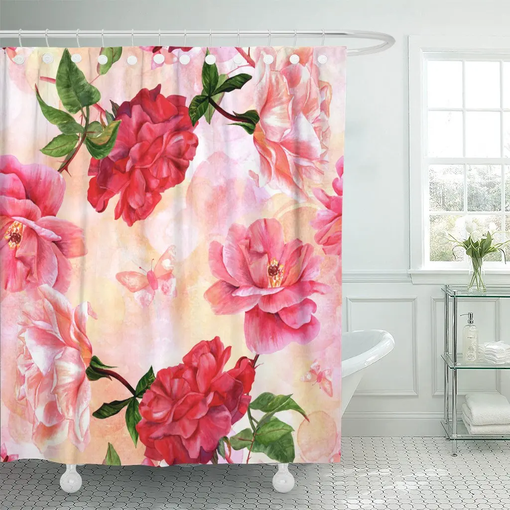 Watercolor Drawings of Blooming Red and Pink Roses Butterflies Shower Curtain Waterproof Polyester 60 x 72 inches Set with Hooks