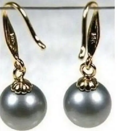 

free shipping noble jewelry charming natural AAA+ Round 9-10mm tahitian gray pearl earring 14K gold hook