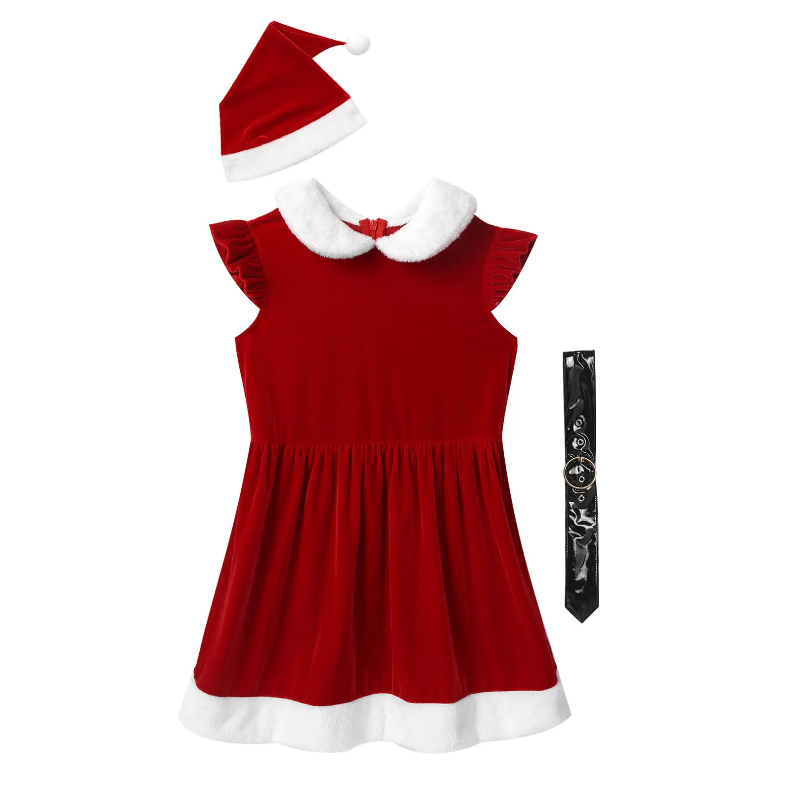 Kinder Sleeveless Rot Samt Kleid mit Hut und Bund Sets Mädchen Weihnachten Kostüm Urlaub Lust Cosplay Party Weihnachten Elf Outfit