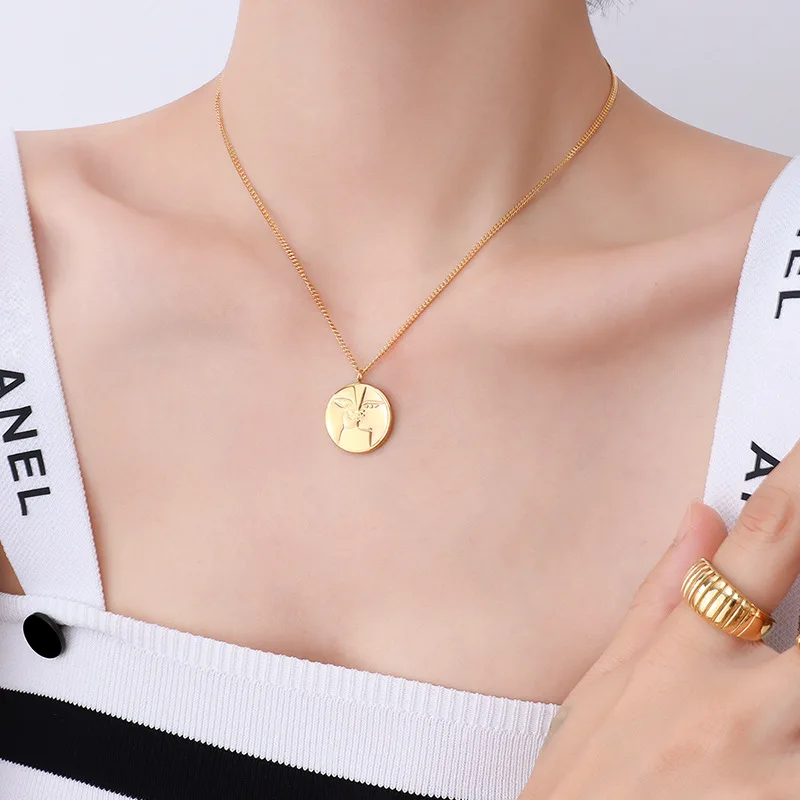 INS Hot Waterproof Stainless Steel PVD Gold Plated Round Convex Face Pendant Necklace For Women Girl Fashion Jewelry Gift