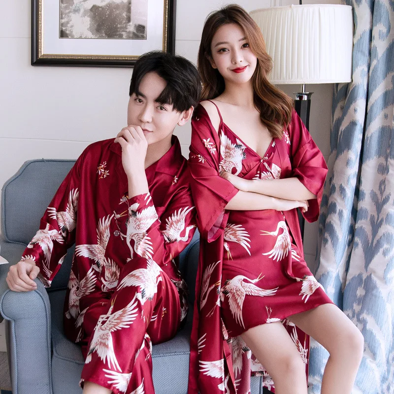 Couples 2PCS Sleepwear Robe Kimono Bath Gown Spring Autumn Nightwear Sleep Set Nightgown Casual Nightwear Print Crane Homewear