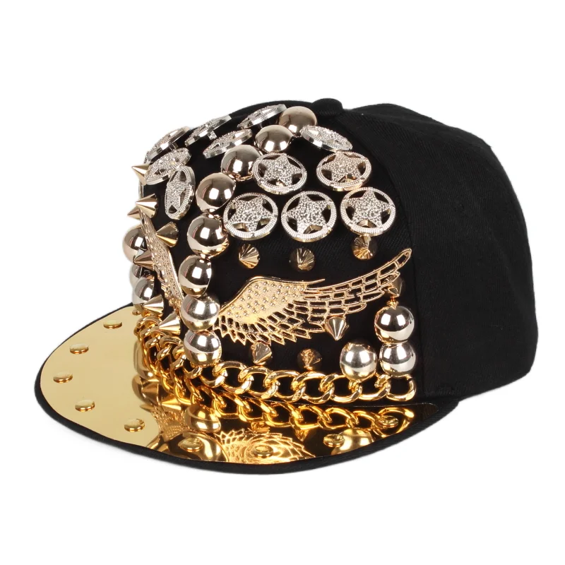 Wholesale European and American Punk Style Rivets Flat Eaves metal brim rebound Hip-Hop Snapback Cap Sports Hats