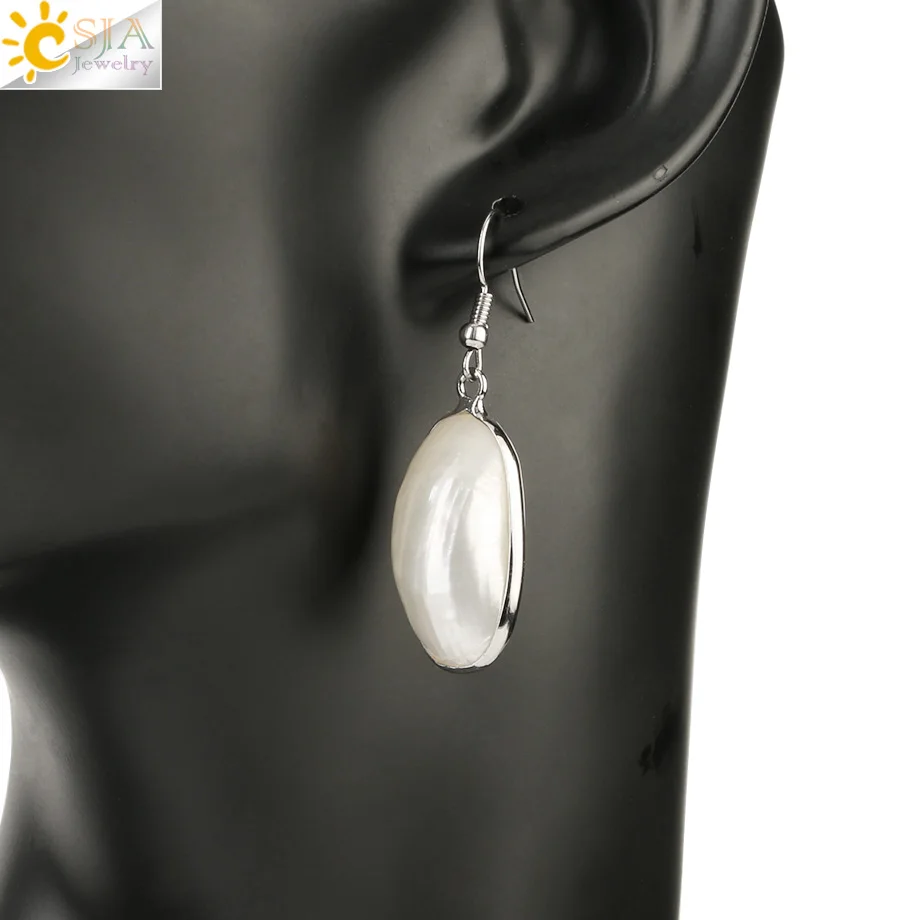 CSJA Natural Mother of Pearl Shell Drop Earrings Cabochon Bead Silver Color Hook Dangle Earring Simple Summer Beach Jewelry G220