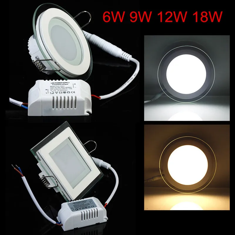 Glass LED Panel Light Round/Square Recessed LED Downlight Dimmable Panel Light 6W 9W 12W 18W Panel light AC85-265V+LED Driver