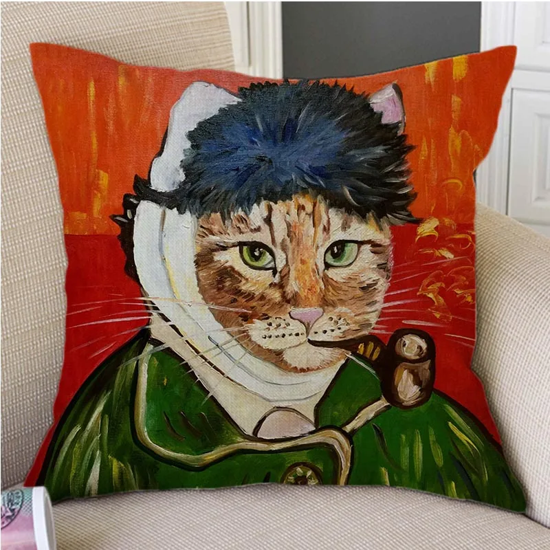 Funny Van Gogh Mr Orange Cat Humorous World Famous Oil Painting Cotton Linen Sofa Pillow Case Home Decorative Cushion Cover Case